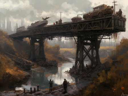 Oil painting on canvas of the bridge over the river in the city, Ghostpunk illustration, dark fantasy artの素材
