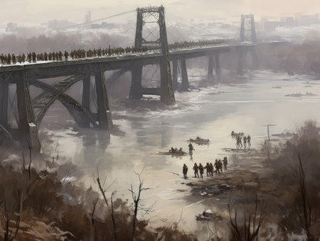 Bridges and people on the bank of the river. Digital painting, Ghostpunk illustration, dark fantasy artの素材