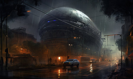 Foggy city street in the middle of the night. 3D rendering, Ghostpunk illustration, dark fantasy artの素材