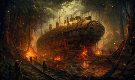 Fantasy landscape with old rusty ship in the forest. Digital painting, Ghostpunk illustration, dark fantasy artの素材