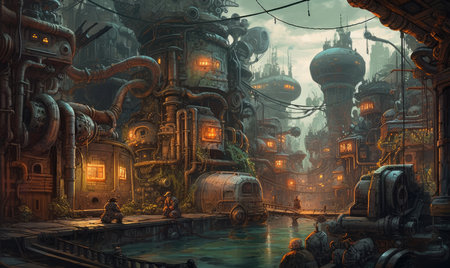 Digital painting of an ancient temple in a foggy night. Digital painting, Ghostpunk illustration, dark fantasy artの素材