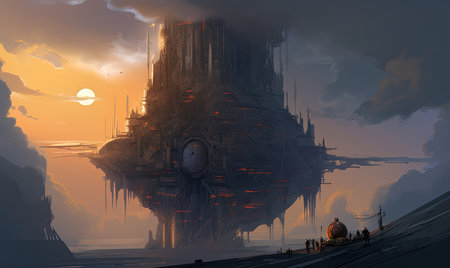 Fantasy landscape with a ship in the sea. 3d rendering, Ghostpunk illustration, dark fantasy artの素材