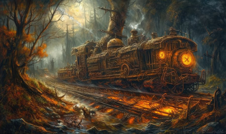 Digital painting of an old steam locomotive in the forest, fantasy illustration, Ghostpunk illustration, dark fantasy artの素材