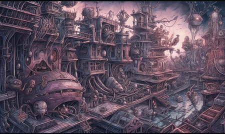 3d illustration of a fantasy steam punk scene with a steam locomotive, Ghostpunk illustration, dark fantasy artの素材