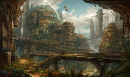 Fantasy landscape with a view on the city of Baku. Azerbaijan, Ghostpunk illustration, dark fantasy artの素材