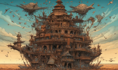 Fantasy landscape with old wooden building in the sky. 3d illustration, Ghostpunk illustration, dark fantasy artの素材