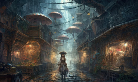 Mystical mystical alley in the old city. Digital painting, Ghostpunk illustration, dark fantasy artの素材