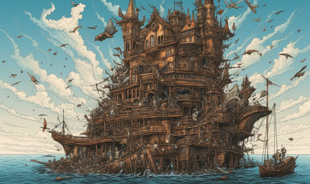 Fantasy illustration of an old abandoned pirate ship in the ocean, Ghostpunk illustration, dark fantasy artの素材