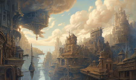 Fantasy landscape with old city. digital painting. 3D illustration, Ghostpunk illustration, dark fantasy artの素材