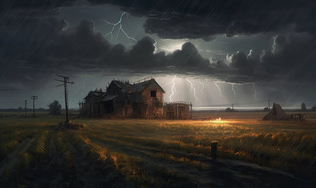 Storm in the countryside. 3d rendering. Computer digital drawing, Ghostpunk illustration, dark fantasy artの素材