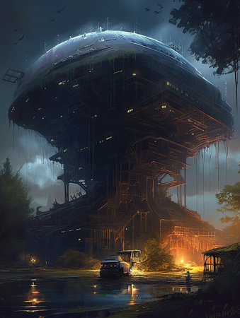 3D rendering of an alien city in the middle of the night, Ghostpunk illustration, dark fantasy artの素材