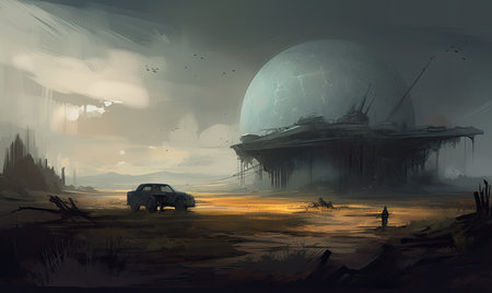 Space scene with alien planet and car in the desert. Digital painting, Ghostpunk illustration, dark fantasy artの素材