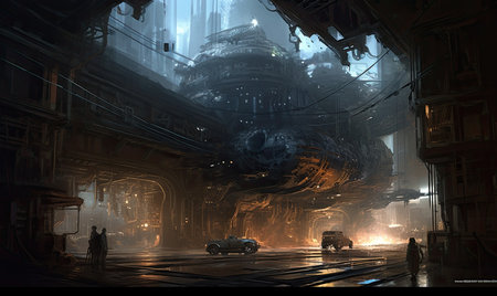 Futuristic city in a foggy night. 3D rendering, Ghostpunk illustration, dark fantasy artの素材