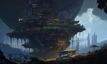 Fantasy landscape with a fantasy alien planet. 3D Rendering, Ghostpunk illustration, dark fantasy artの素材