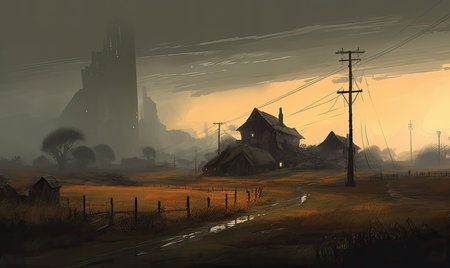 Digital painting of a village in the fog with a church in the background, Ghostpunk illustration, dark fantasy artの素材