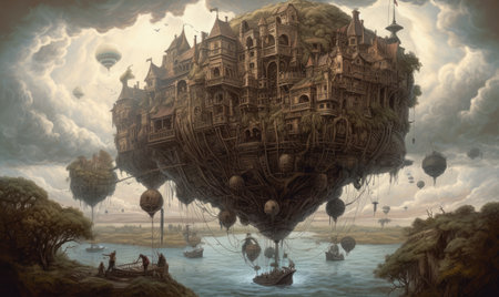 3D rendering of a fantasy world with hot air balloons in the sky, Ghostpunk illustration, dark fantasy artの素材