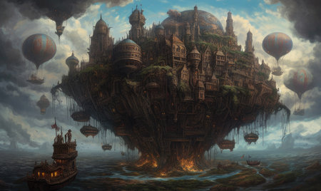 Fantasy landscape with ancient city and hot air balloons. 3D rendering, Ghostpunk illustration, dark fantasy artの素材