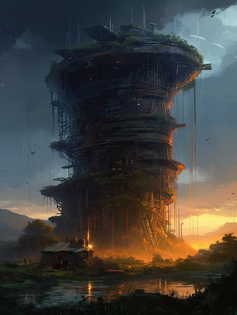 Fantasy Landscape with a huge building in the middle of the river, Ghostpunk illustration, dark fantasy artの素材