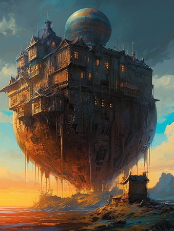 Fantasy landscape with old abandoned ship in the sea. 3d illustration, Ghostpunk illustration, dark fantasy artの素材
