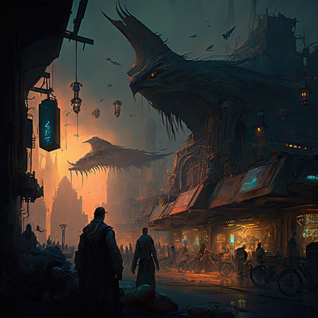 View of unknowns Nepali people walking in the street of Kathmandu in the evening, Ghostpunk illustration, dark fantasy artの素材