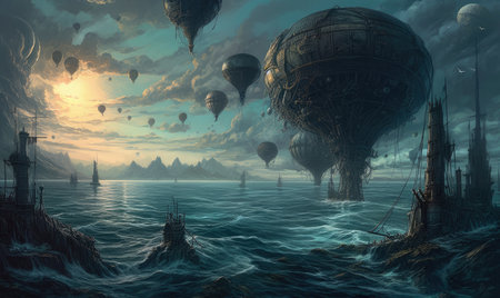 Fantasy landscape with hot air balloons flying over the sea. 3D illustration, Ghostpunk illustration, dark fantasy artの素材