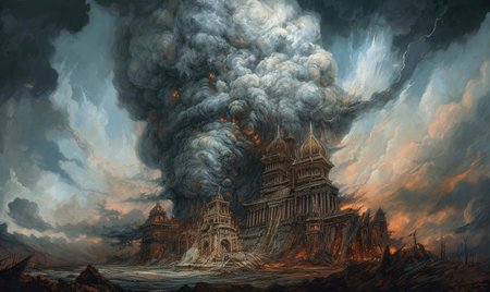 Digital painting of a storm in the sky over a temple complex, Ghostpunk illustration, dark fantasy artの素材