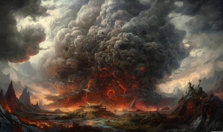 Fantasy landscape with a large explosion in the sky. 3d illustration, Ghostpunk illustration, dark fantasy artの素材