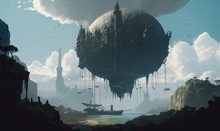Fantasy landscape with big planet and fantasy world. 3D rendering, Ghostpunk illustration, dark fantasy artの素材