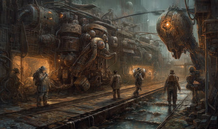 Digital painting of a steam locomotive in the steampunk world, Ghostpunk illustration, dark fantasy artの素材