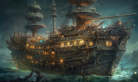 Old pirate ship in the sea. 3D illustration. Fantasy, Ghostpunk illustration, dark fantasy artの素材