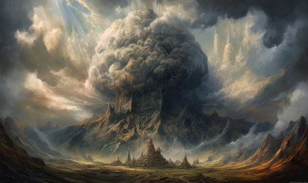 fantasy alien planet. mountain and clouds. 3D illustration, Ghostpunk illustration, dark fantasy artの素材