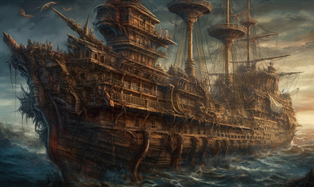 Pirate ship in the sea. 3D illustration. Fantasy, Ghostpunk illustration, dark fantasy artの素材