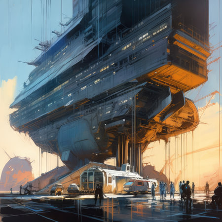 Digital painting of a high-speed train in the city at sunset, Ghostpunk illustration, dark fantasy artの素材