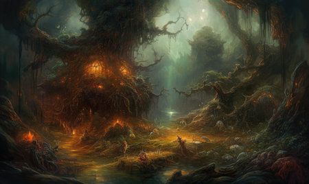 Fantasy landscape with an old spooky forest. 3d rendering, Ghostpunk illustration, dark fantasy artの素材