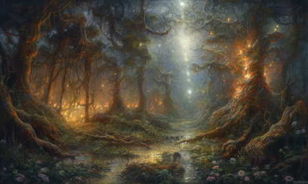 Mystical forest with fog and a dog. Digital painting, Ghostpunk illustration, dark fantasy artの素材
