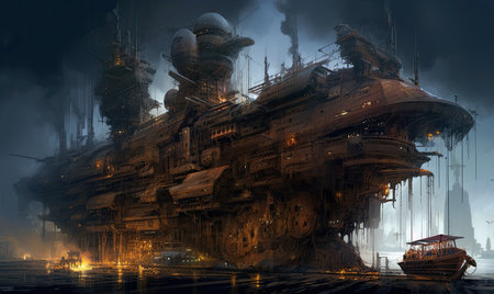 3D Illustration of an Industrial Ship in a Foggy Night, Ghostpunk illustration, dark fantasy artの素材