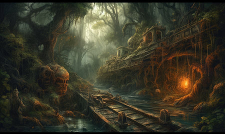 Fantasy landscape with a wooden bridge and an old rusty train, Ghostpunk illustration, dark fantasy artの素材