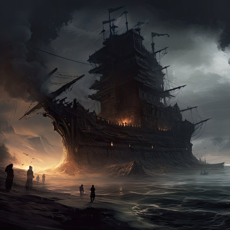 Fantasy scene with a pirate ship in the ocean. 3d render, Ghostpunk illustration, dark fantasy artの素材