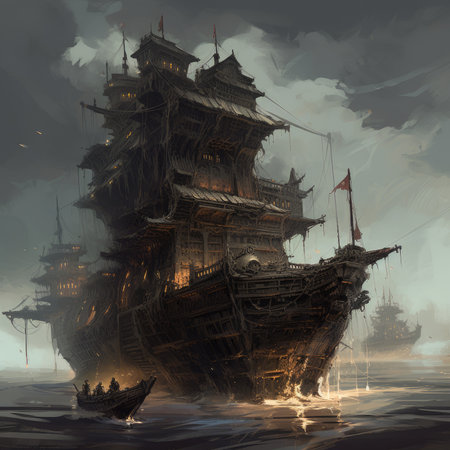 Pirate ship in the sea. Fantasy illustration. Digital painting, Ghostpunk illustration, dark fantasy artの素材