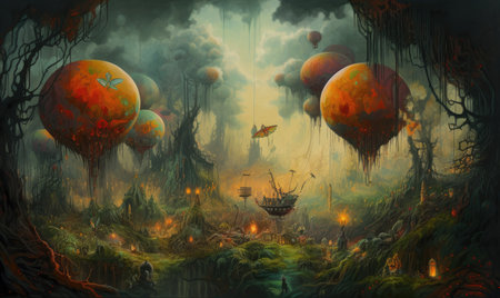Fantasy landscape with hot air balloons flying over the forest. 3d illustration, Ghostpunk illustration, dark fantasy artの素材