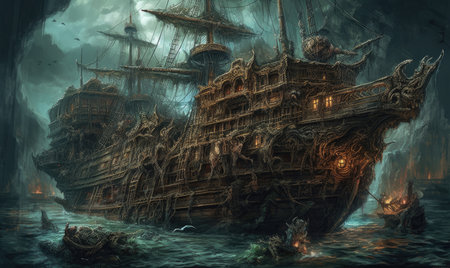 Pirate ship in the sea. Fantasy illustration. 3D rendering, Ghostpunk illustration, dark fantasy artの素材