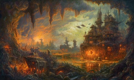 Digital painting of a fantasy cave with a ship in the foreground, Ghostpunk illustration, dark fantasy artの素材