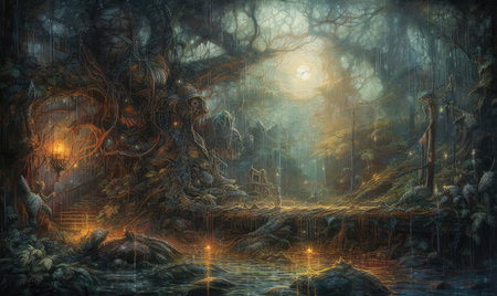 Fantasy landscape with fantasy forest and lake. Digital painting illustration, Ghostpunk illustration, dark fantasy artの素材