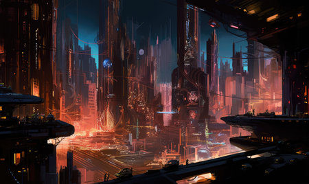 Futuristic city at night. futuristic city. 3D rendering, Ghostpunk illustration, dark fantasy artの素材