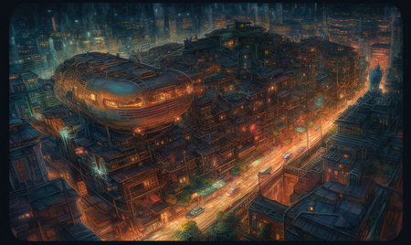 Digital illustration of a futuristic city at night. Futuristic cityscape, Ghostpunk illustration, dark fantasy artの素材