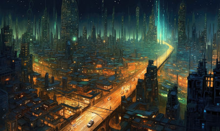 Futuristic city at night with skyscrapers and high-rise buildings, Ghostpunk illustration, dark fantasy artの素材