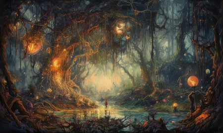 Fantasy landscape with a man standing in the forest by the river, Ghostpunk illustration, dark fantasy artの素材