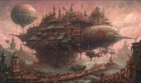 3d rendering of a fantasy city with a flying saucer, Ghostpunk illustration, dark fantasy artの素材