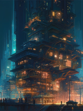Illustration of a building in the city at night. Digital painting, Ghostpunk illustration, dark fantasy artの素材