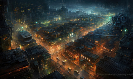 Foggy city at night. 3d rendering toned image, Ghostpunk illustration, dark fantasy artの素材